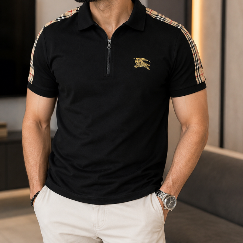 Bur_berry Men's Black Half-Zip Polo Shirt with Signature Check Shoulder Detail