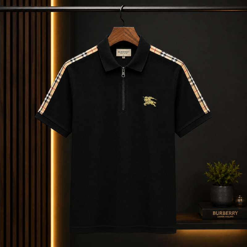 Bur_berry Men's Black Half-Zip Polo Shirt with Signature Check Shoulder Detail