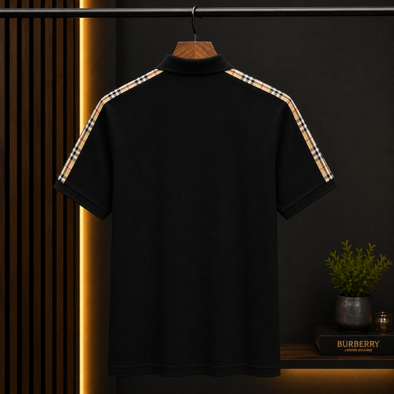 Bur_berry Men's Black Half-Zip Polo Shirt with Signature Check Shoulder Detail