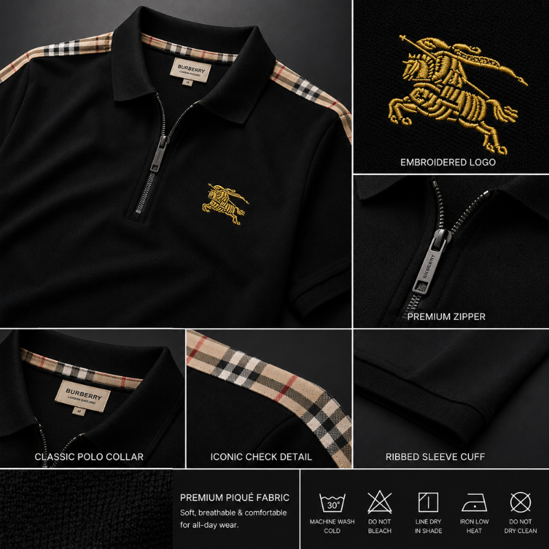 Bur_berry Men's Black Half-Zip Polo Shirt with Signature Check Shoulder Detail