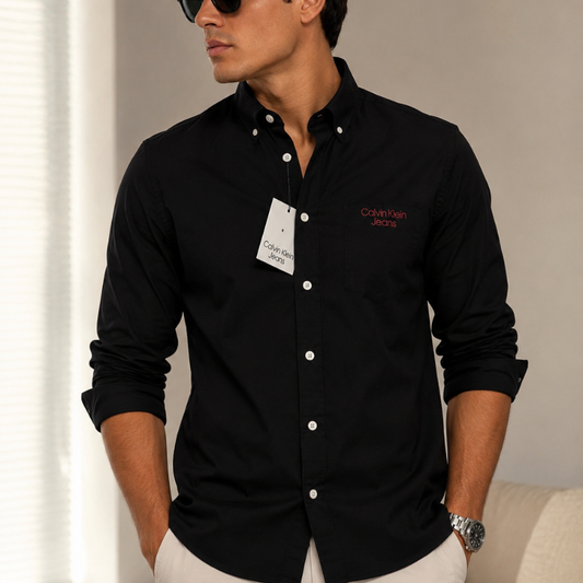 Cal_vin Kl_ein Jeans Men's Black Premium Cotton Slim Fit Casual Shirt with Embroidered Logo