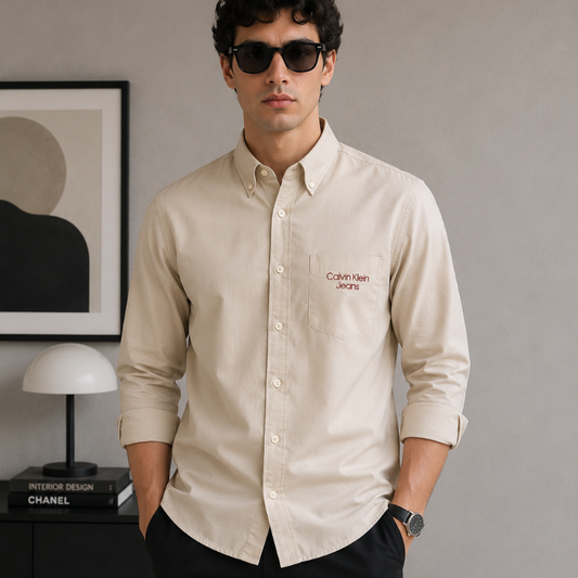 Ca_lvin Kle_in Jeans Men's Cream Premium Cotton Slim Fit Casual Shirt with Embroidered Logo
