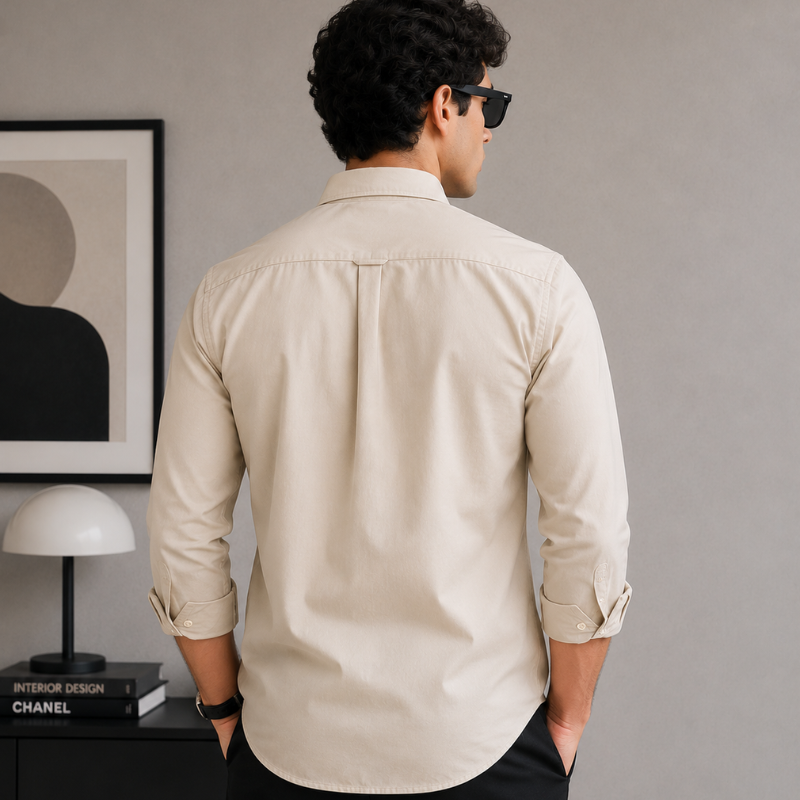 Ca_lvin Kle_in Jeans Men's Cream Premium Cotton Slim Fit Casual Shirt with Embroidered Logo