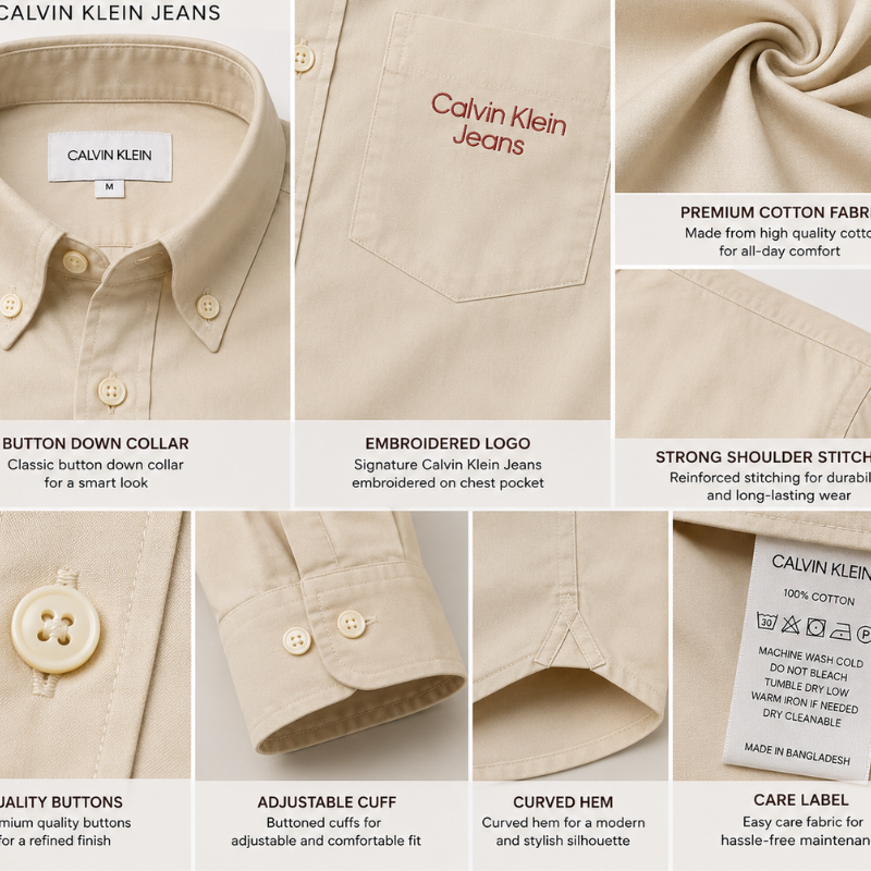 Ca_lvin Kle_in Jeans Men's Cream Premium Cotton Slim Fit Casual Shirt with Embroidered Logo