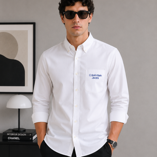 Cal_vin Kl-ein Jeans Men's White Premium Cotton Slim Fit Casual Shirt with Embroidered Logo
