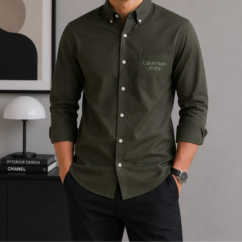 Ca_lvin Kl_ein Jeans Men's Olive Green Premium Cotton Slim Fit Casual Shirt with Embroidered Logo