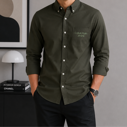Ca_lvin Kl_ein Jeans Men's Olive Green Premium Cotton Slim Fit Casual Shirt with Embroidered Logo