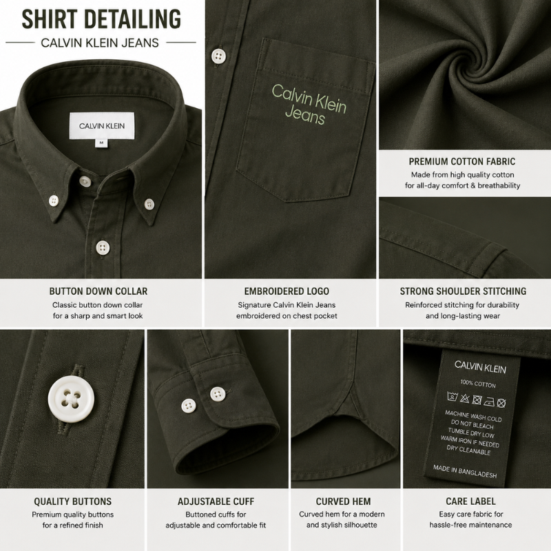 Ca_lvin Kl_ein Jeans Men's Olive Green Premium Cotton Slim Fit Casual Shirt with Embroidered Logo