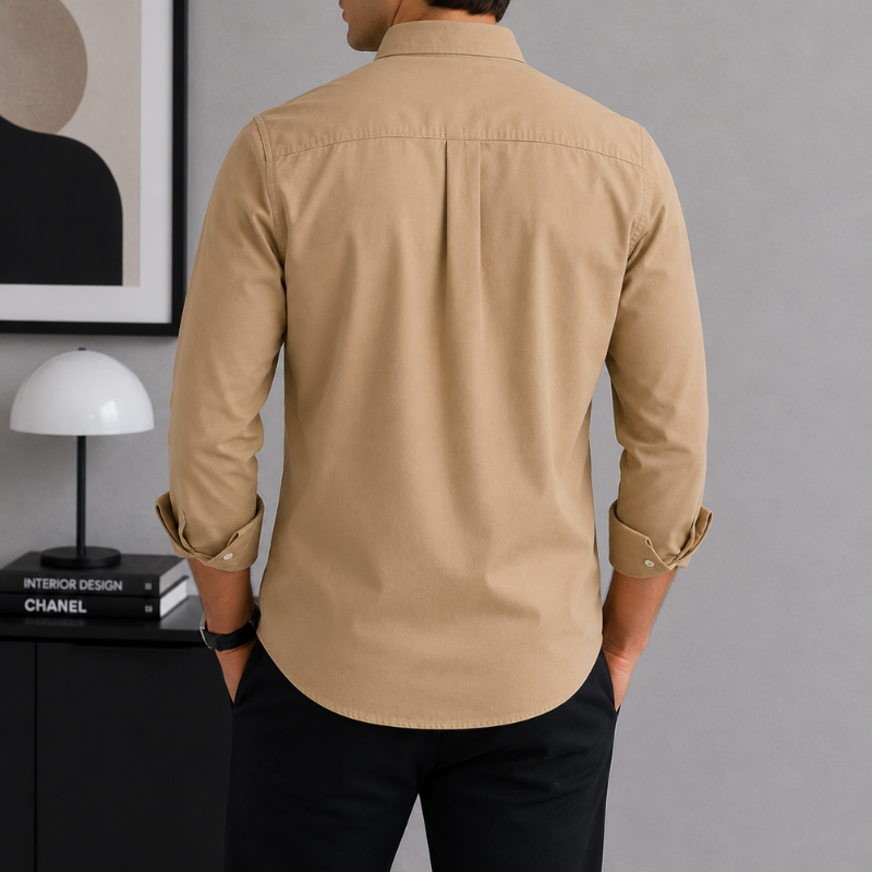 Cal_vin Kl_ein Jeans Men's Beige Button-Down Casual Cotton Shirt with Embroidered Chest Pocket