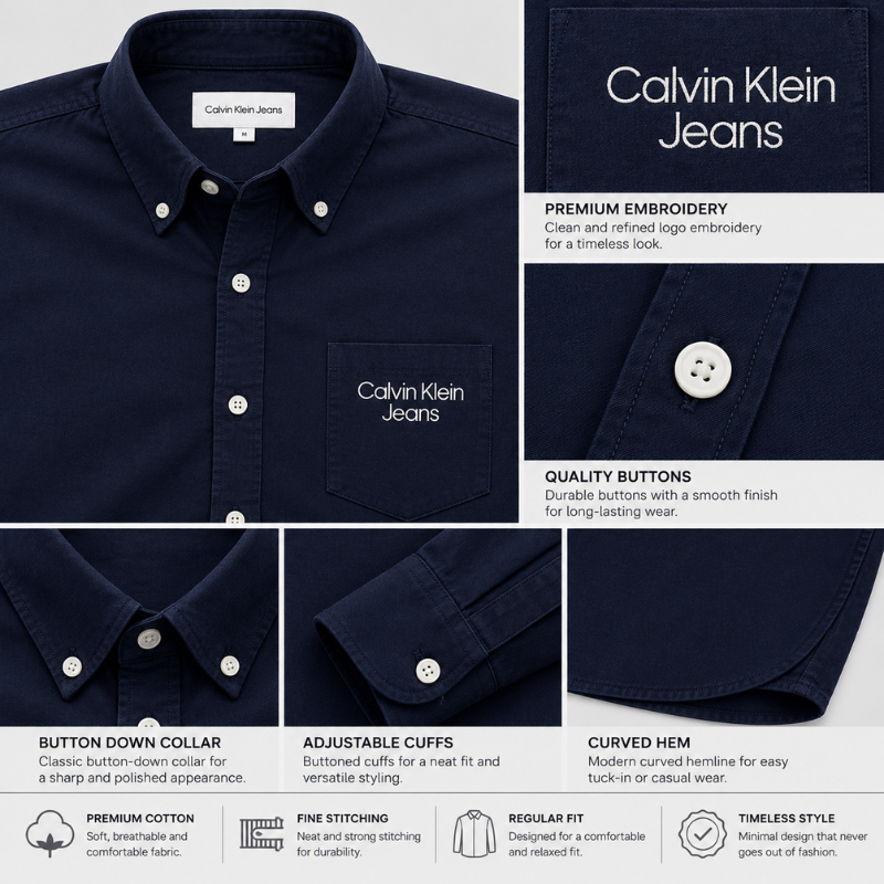 Ca_lvin Kle_in Jeans Men's Navy Blue Button-Down Cotton Casual Shirt with Embroidered Chest Pocket