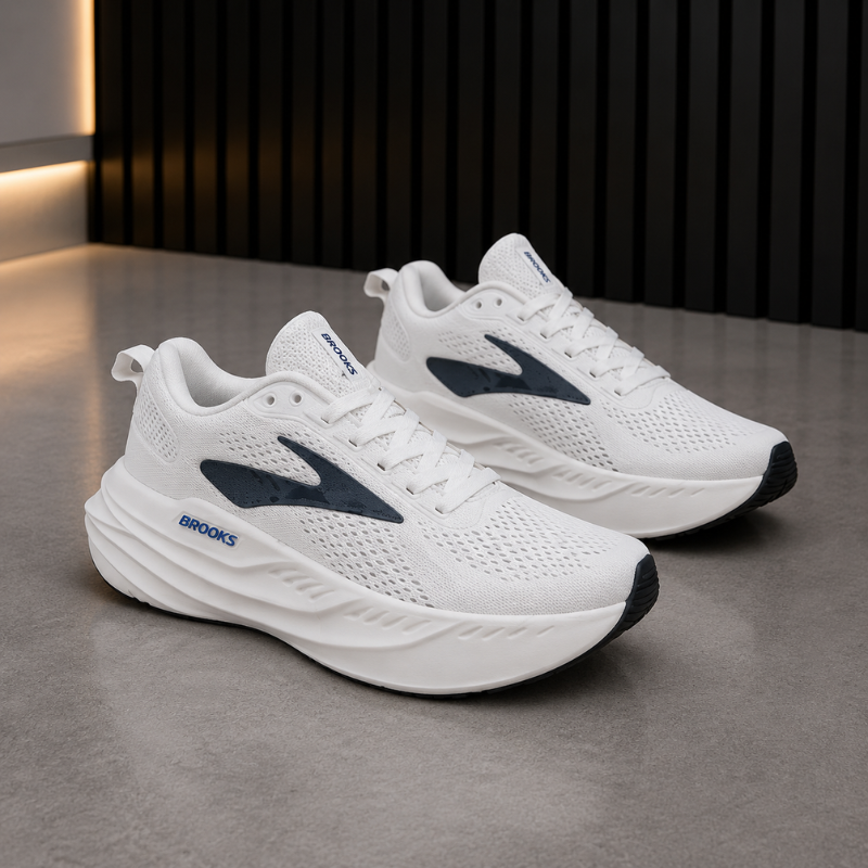 Bro_oks Glycerin GTS Men's Running Shoes | White & Navy Blue Lightweight Sports Sneakers | Premium Cushioned Comfort