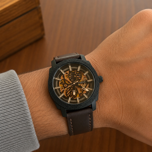 Fos_sil Men's Automatic Skeleton Dial Watch with Brown Leather Strap