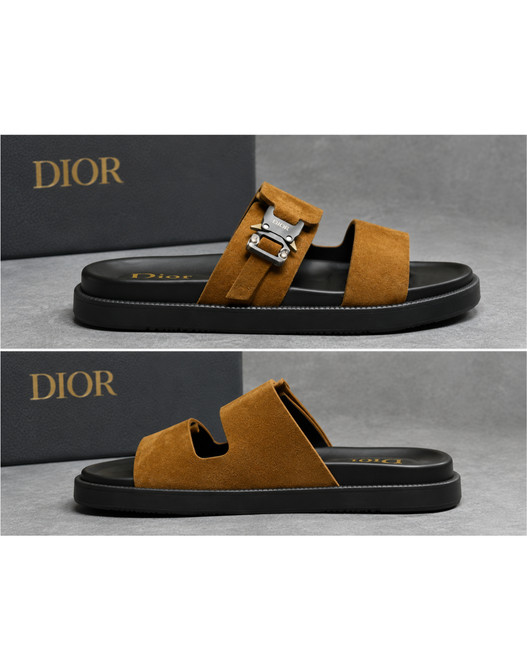 Me_n's Prem_ium Suede Double-Strap Slides – Brown Comfort Slip-On Sandals