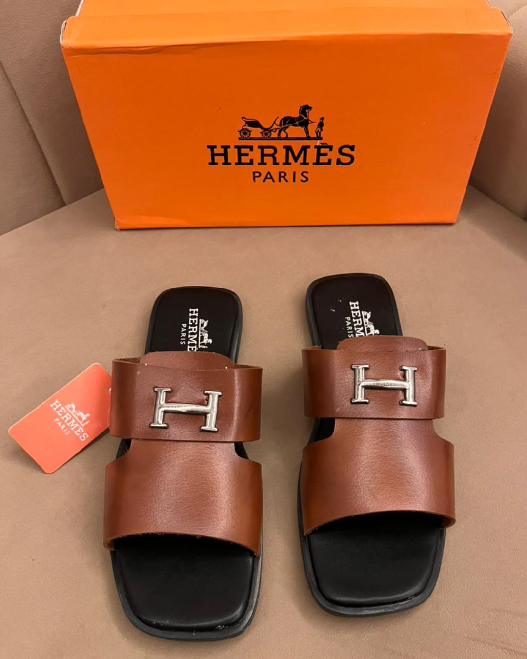 Prem_ium Bro_wn Double-Strap Men's Slide Sandals with Metal H Buckle