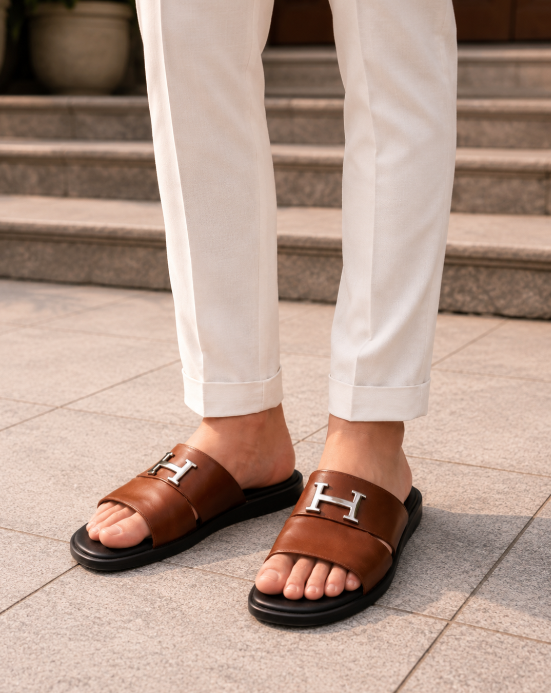 Prem_ium Bro_wn Double-Strap Men's Slide Sandals with Metal H Buckle