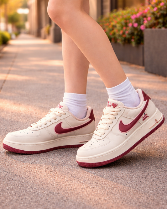 Ni_ke Air Force 1 Love Heart Edition Women's Sneakers – White & Burgundy Casual Shoes