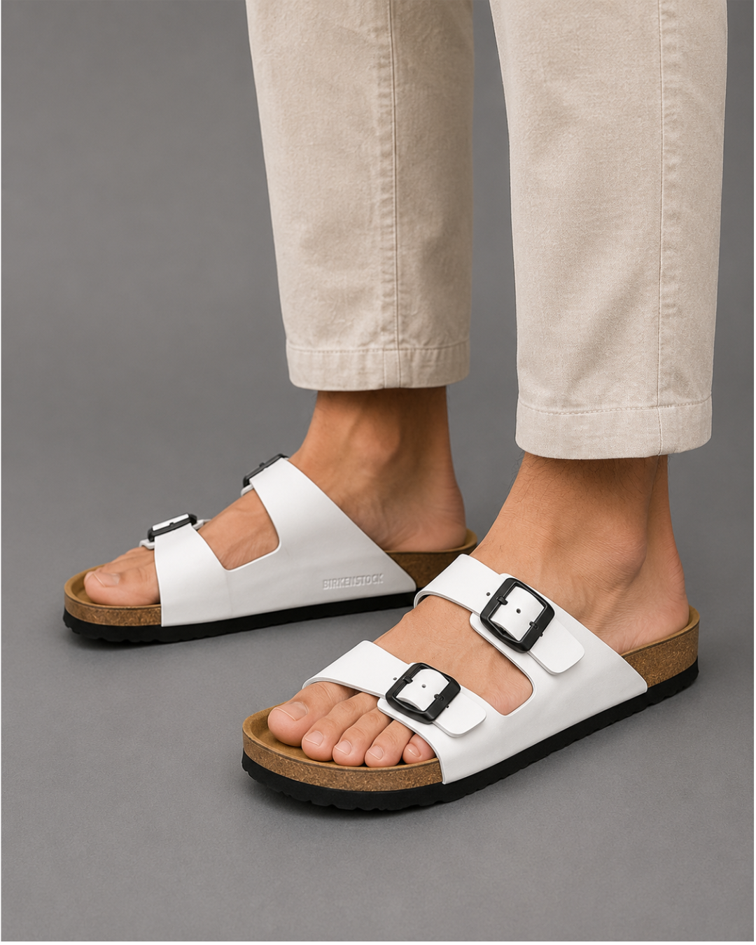 Me_n's Prem_ium White Double-Buckle Comfort Slides