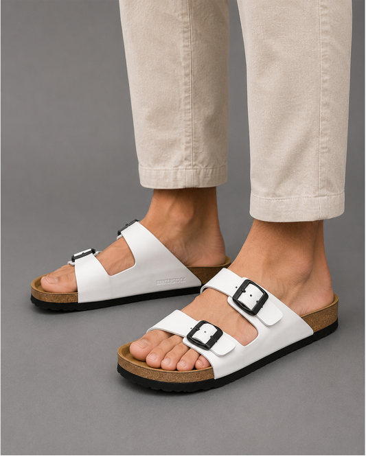Me_n's Prem_ium White Double-Buckle Comfort Slides