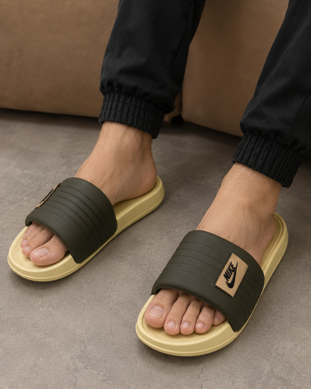 M_en's Prem_ium Comfort Slides – Olive Green & Beige Slip-On Sandals