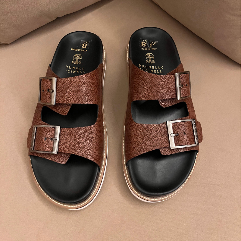 Premium Brown Double-Buckle Comfort Slides for Men
