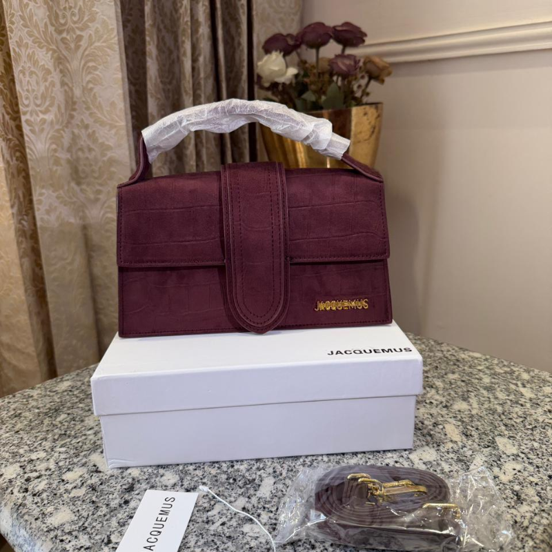 Jac_quemus Croc-Texture Top Handle Bag – Burgundy Luxury Handbag