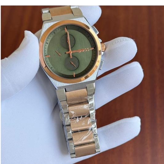 BO_SS Premium Dual-Tone Chronograph Watch – Olive Green Dial & Rose Gold Finish