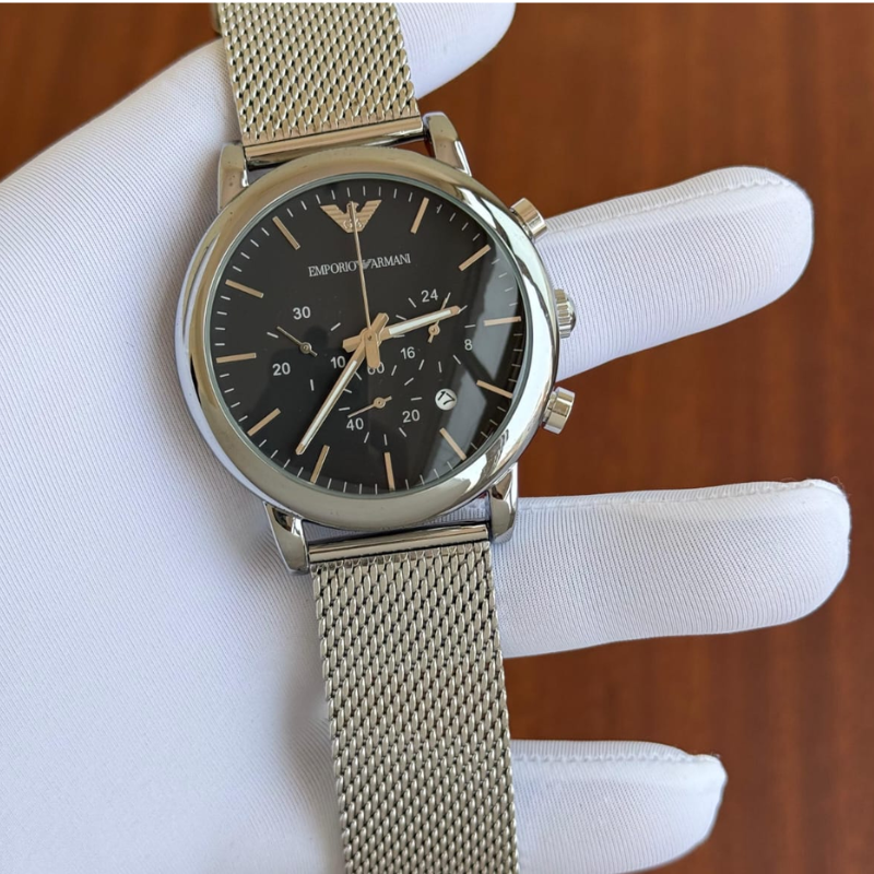 Emp_orio A_rmani Men's Chronograph Mesh Strap Watch – Black Dial & Silver Finish
