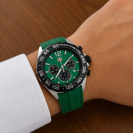 Men's Green Chronograph Sports Watch with Silicone Strap & Tachymeter Bezel