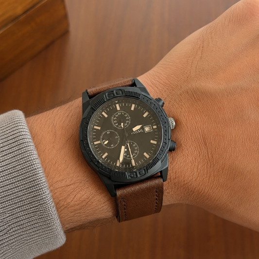 Fos_sil Men's Black Dial Chronograph Watch with Brown Leather Strap