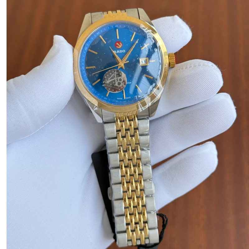 Ra_do-Inspired Two-Tone Stainless Steel Watch with Blue Dial and Date Display