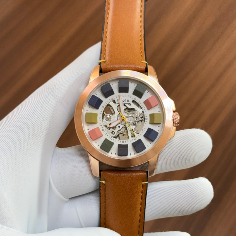 Fos_sil Automatic Skeleton Dial Men's Watch with Brown Leather Strap