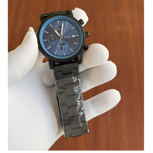 Fos_sil Men's Black Stainless Steel Chronograph Analog Watch with Blue Dial