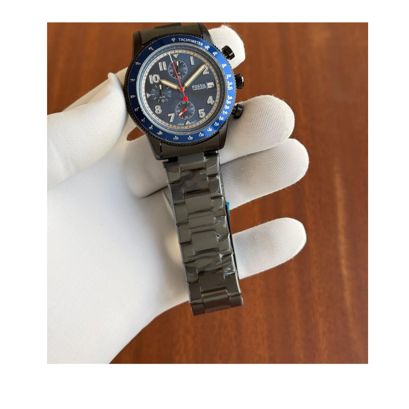 Fos_sil Men's Black Stainless Steel Chronograph Watch with Blue Tachymeter Bezel