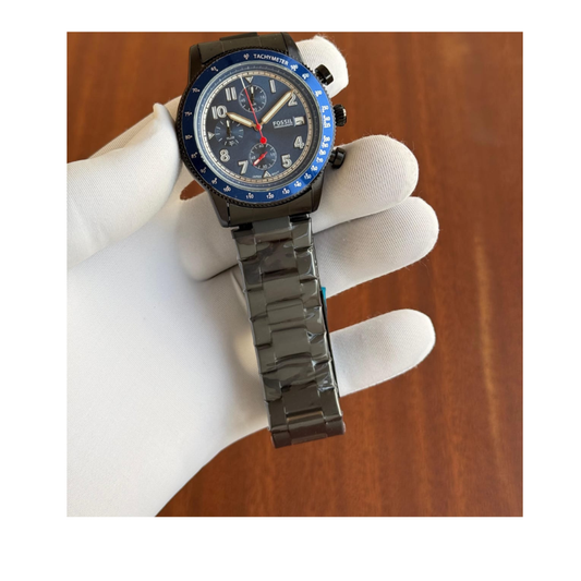 Fos_sil Men's Black Stainless Steel Chronograph Watch with Blue Tachymeter Bezel