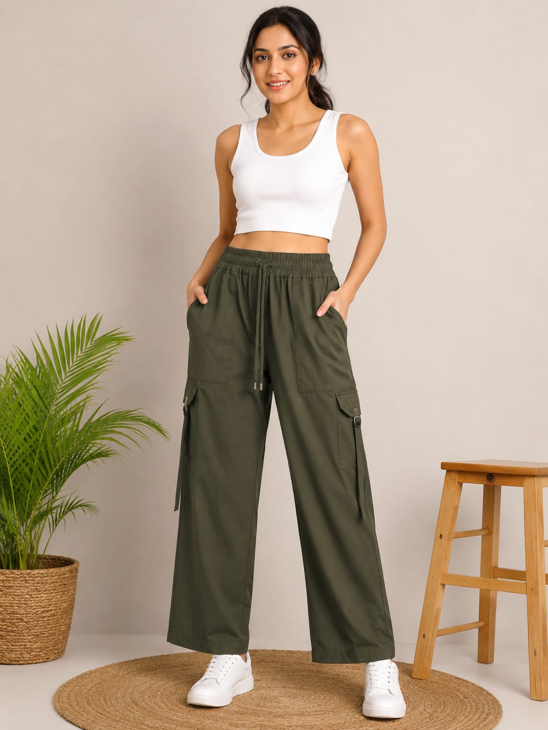 Wo_men's Olive Green Wide-Leg Cargo Pants – Utility Style Comfort Fit