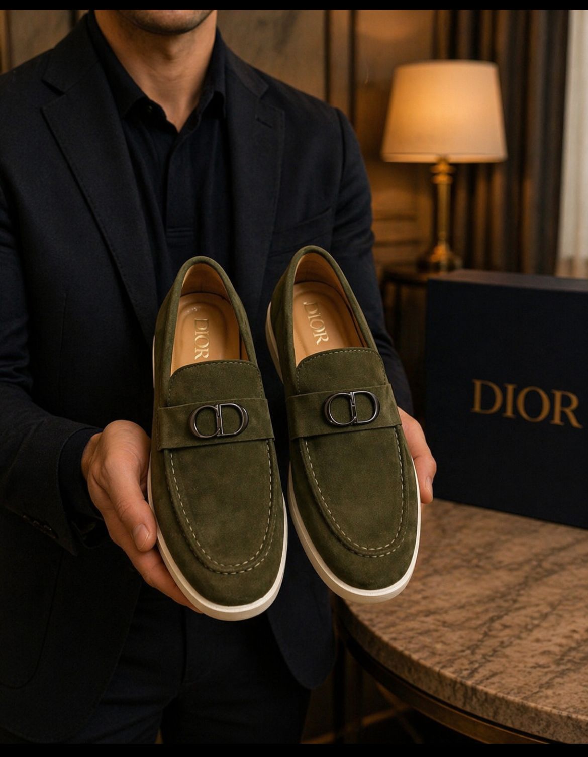 DI_OR Men's Granville Olive Green Suede Loafers