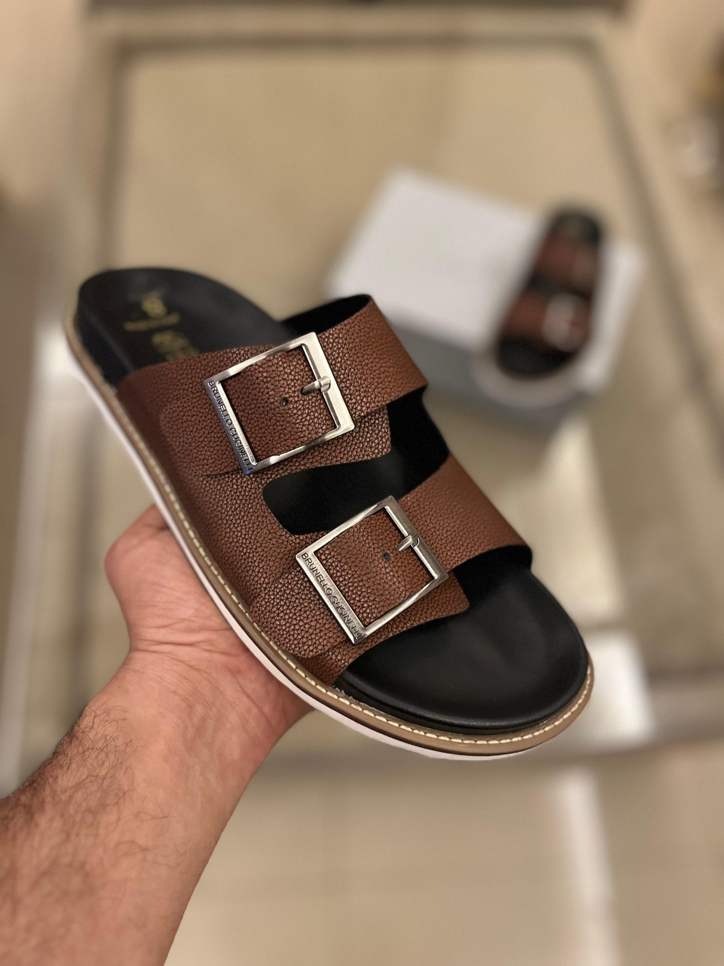 Premium Brown Double-Buckle Comfort Slides for Men