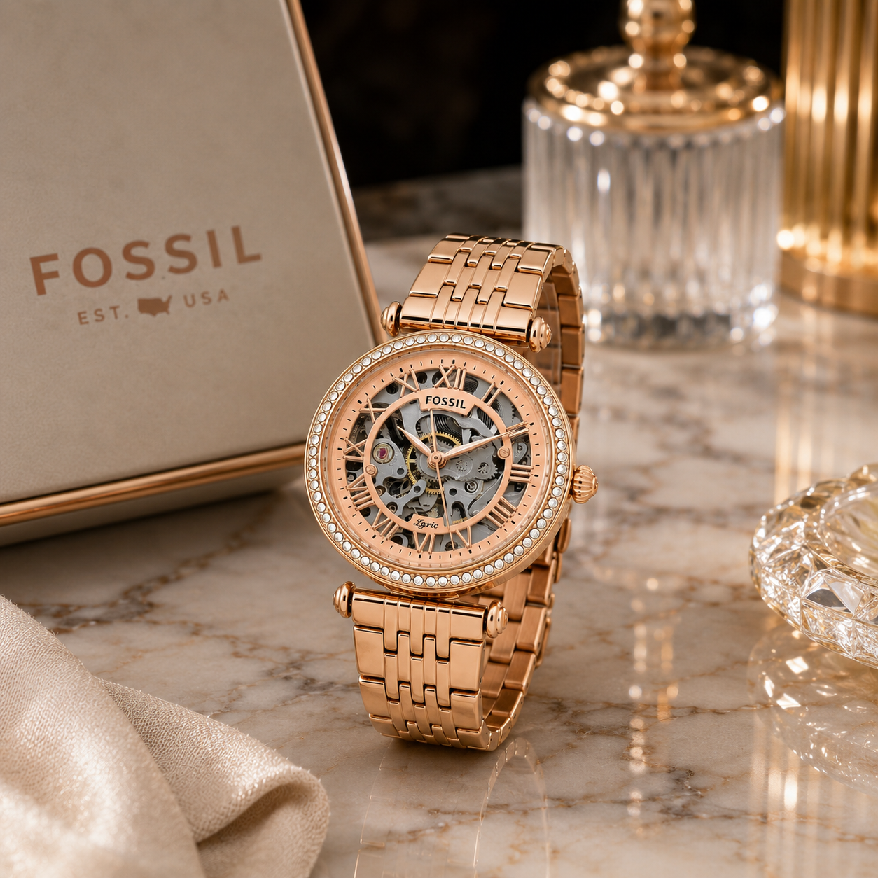 Fos_sil Lyric Women’s Rose Gold Automatic Skeleton Watch – Crystal Bezel & Stainless Steel Bracelet