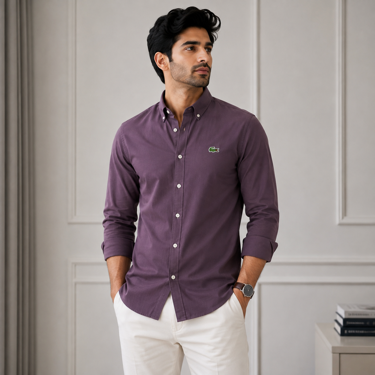 Lac_oste Men’s Purple Classic Fit Button-Down Shirt – Premium Casual Wear