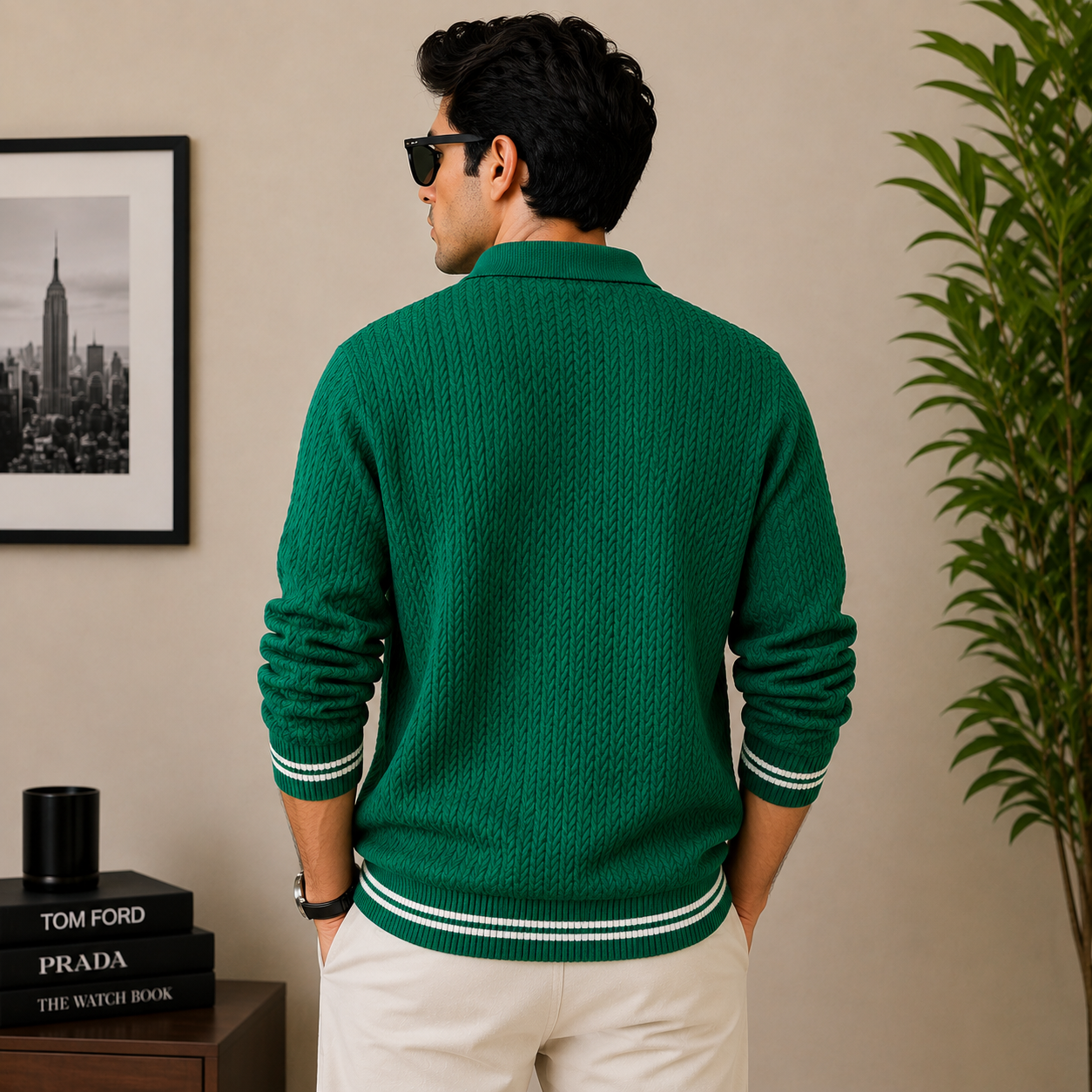 po_lo Men's Premium Green Textured Knit Polo T-Shirt with Contrast Stripe Cuffs