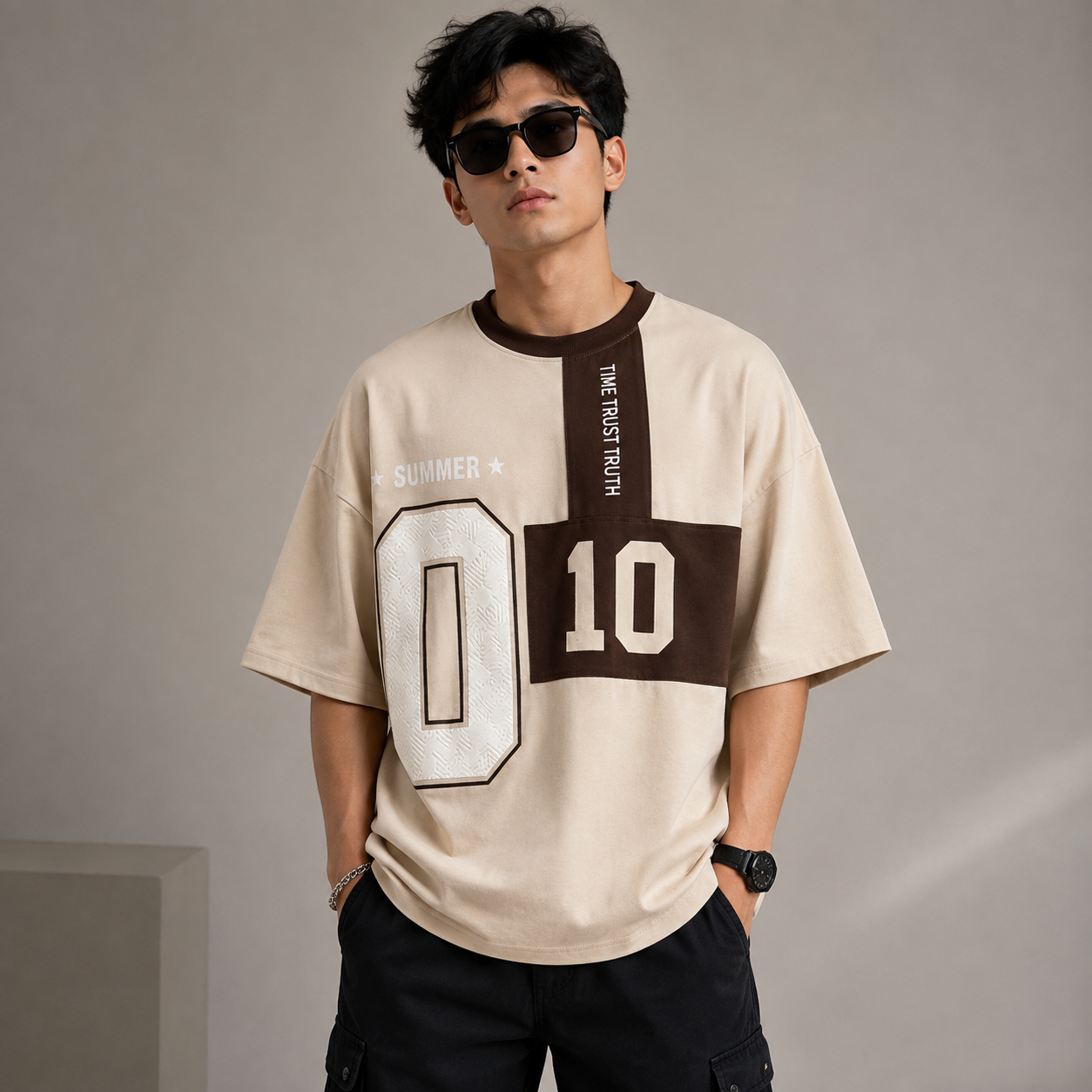 Adi_das Men's Oversized Cream Graphic Printed T-Shirt | Premium Cotton Drop Shoulder Streetwear Tee