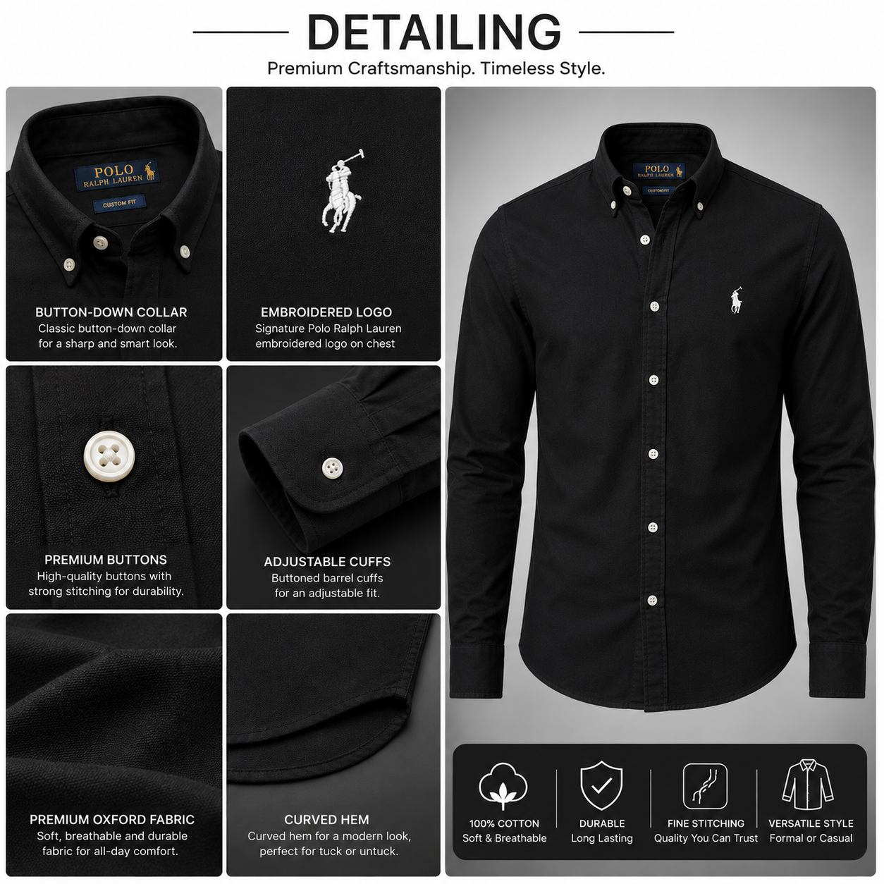 Po_lo RAL_PH LAU_REN Men’s Premium Black Oxford Shirt – Embroidered Button-Down Full Sleeve Shirt