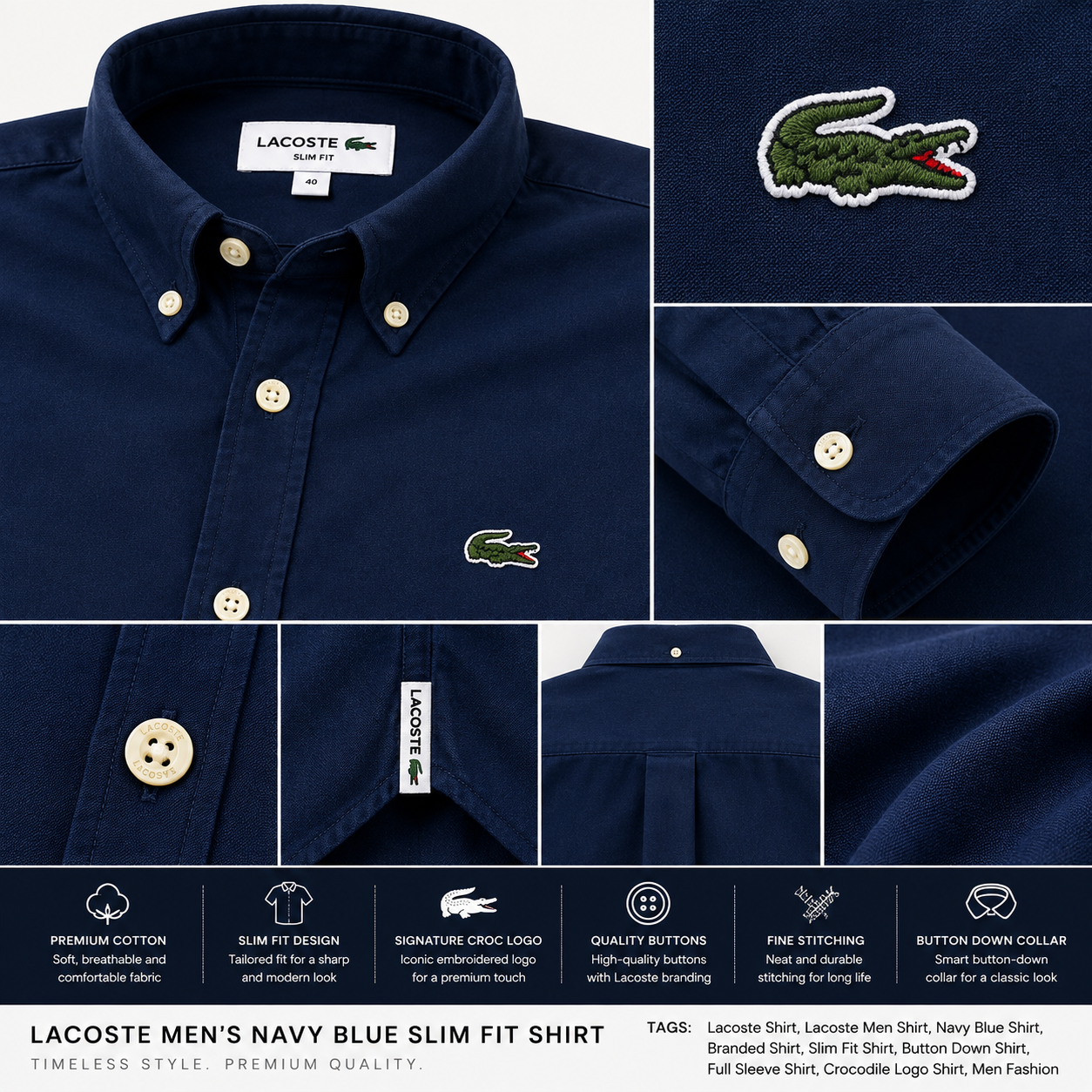 Lac_oste Men’s Navy Blue Slim Fit Button-Down Shirt – Signature Crocodile Logo