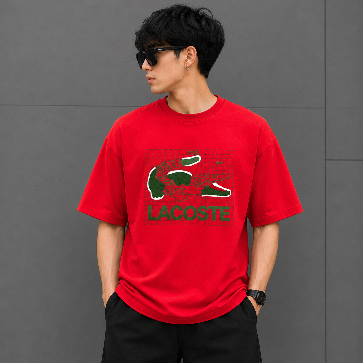 Lac_oste Men’s Red Graphic T-Shirt | Premium Crocodile Design Oversized Crew Neck Tee