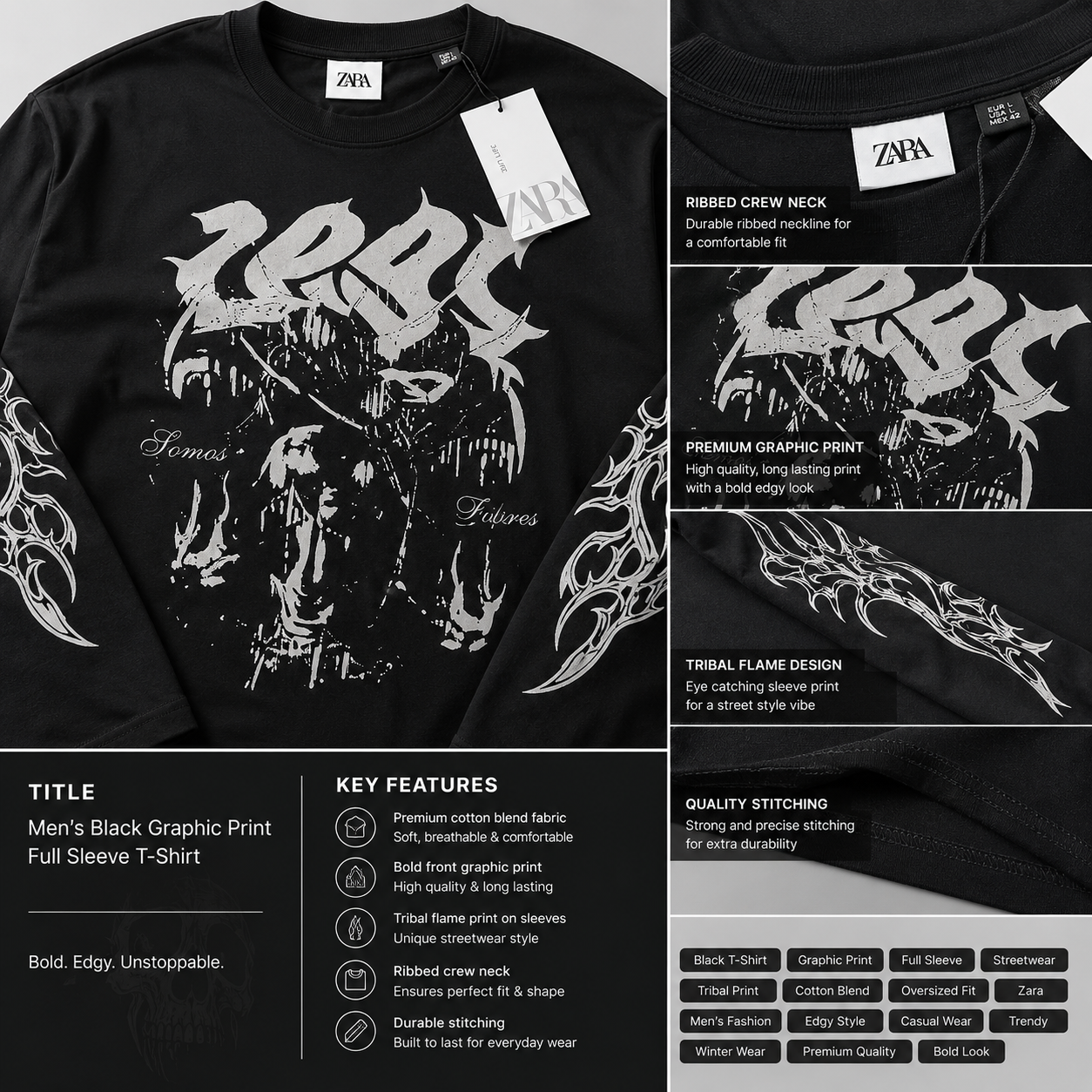 za_ra Men's Black Oversized Graphic Print Full Sleeve T-Shirt