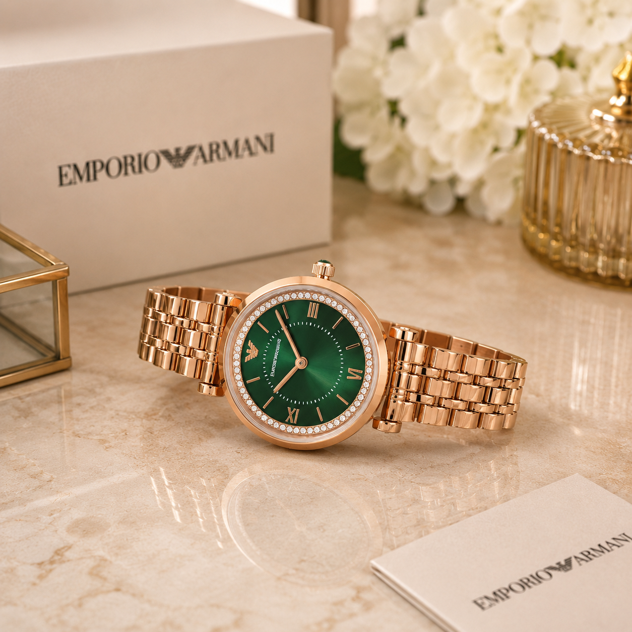 Emp_orio Arm_ani Rose Gold Green Dial Crystal Ladies Watch