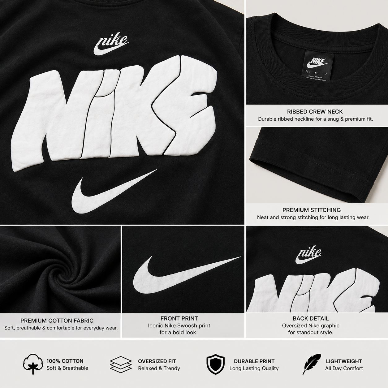 Ni_ke Men’s Black Oversized Graphic T-Shirt – Swoosh Print Casual Streetwear Tee