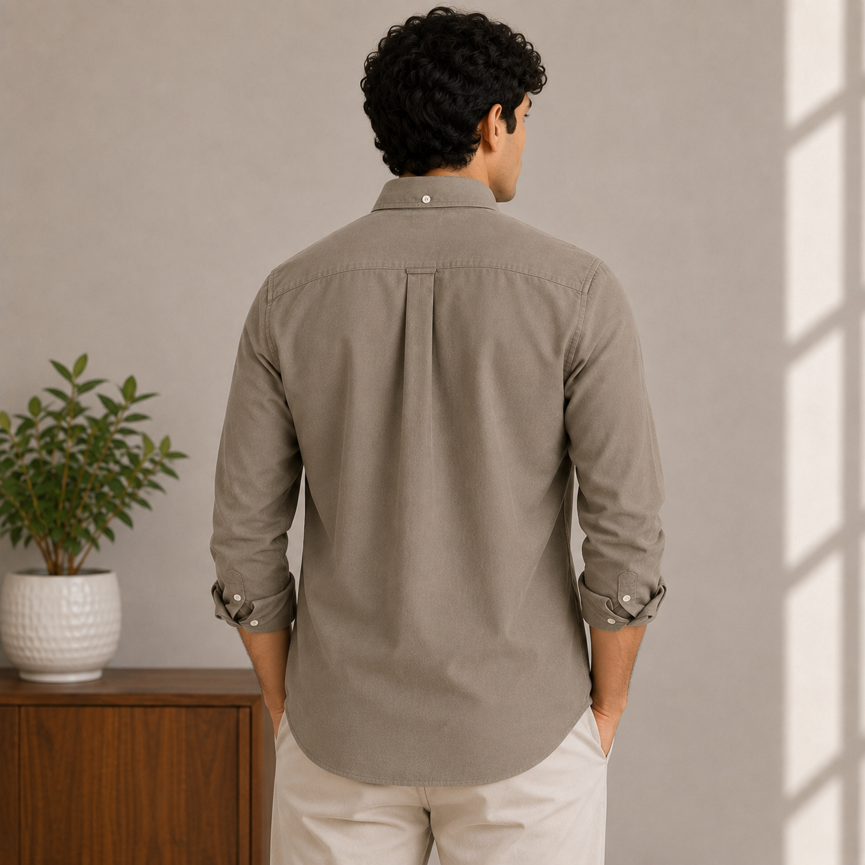 Lac_oste Men’s Taupe Slim Fit Button-Down Shirt – Signature Crocodile Logo
