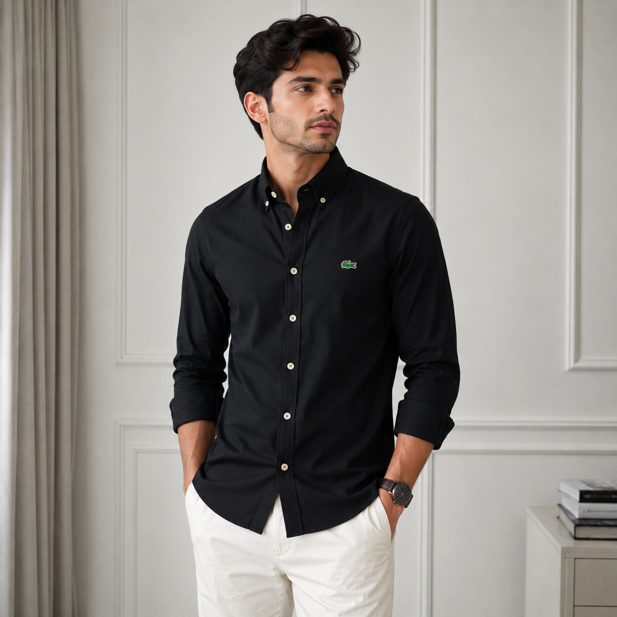 Lac_oste Men’s Black Classic Fit Button-Down Shirt – Premium Casual Wear