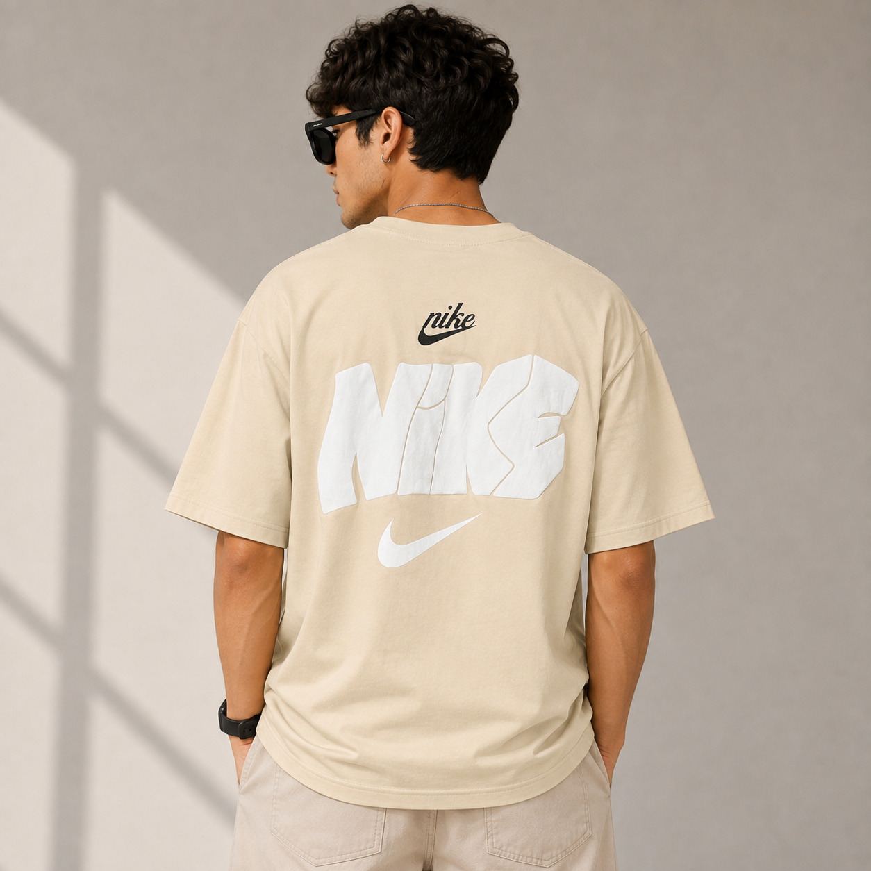 Ni_ke Men’s Beige Oversized Graphic T-Shirt – Swoosh Print Casual Streetwear Tee